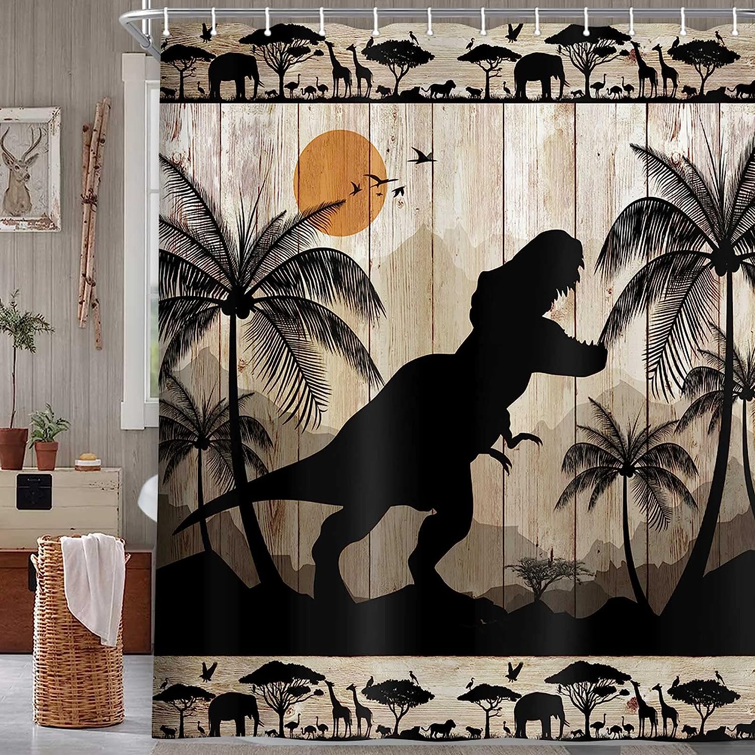 Cute Dinosaur Print Shower Curtain for Kids Bathroom in Rustic Farmhouse Style