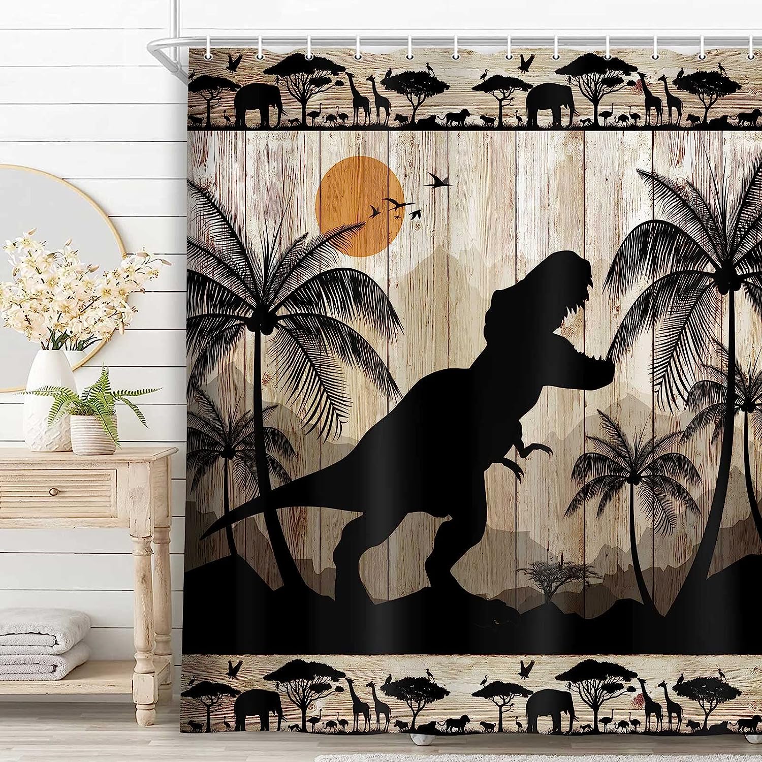 Cute Dinosaur Print Shower Curtain for Kids Bathroom in Rustic Farmhouse Style