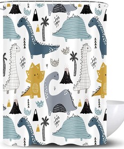 Cute Dinosaur Printed Kids Shower Curtain, Tree And Tropical Animal Cartoon Design - Waterproof And Fun
