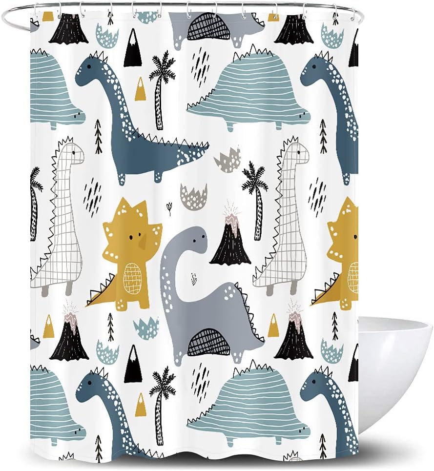Cute Dinosaur Printed Kids Shower Curtain, Tree And Tropical Animal Cartoon Design - Waterproof And Fun