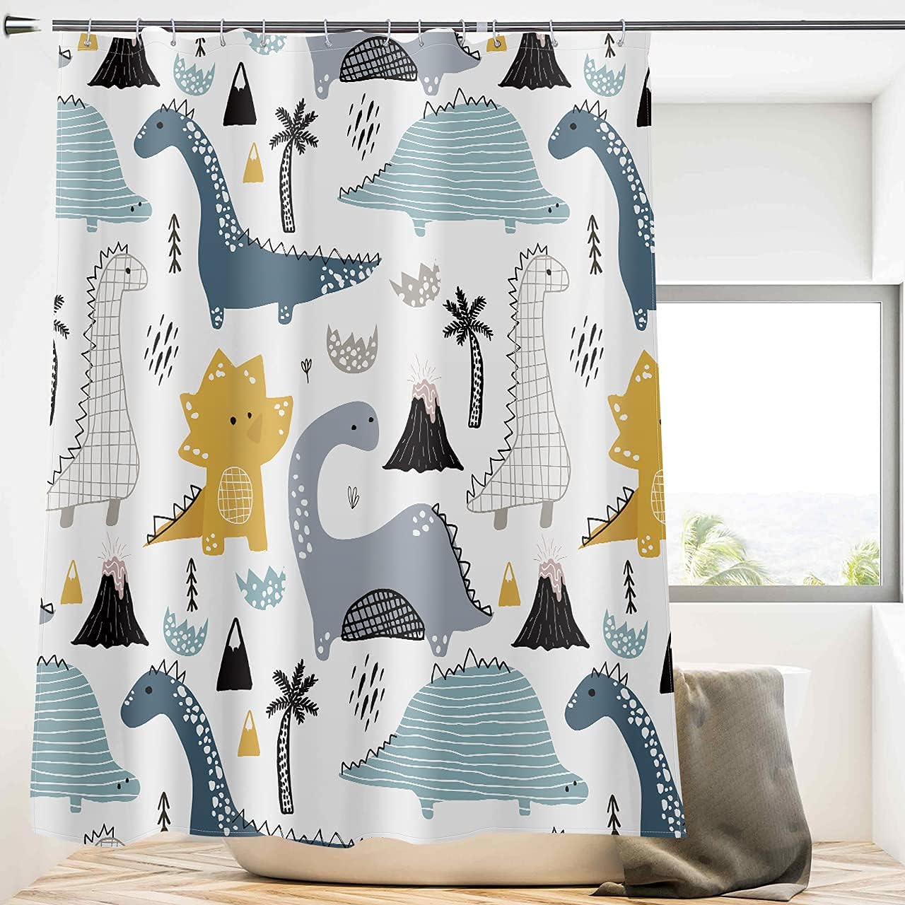 Cute Dinosaur Printed Kids Shower Curtain, Tree And Tropical Animal Cartoon Design - Waterproof And Fun - Image 2