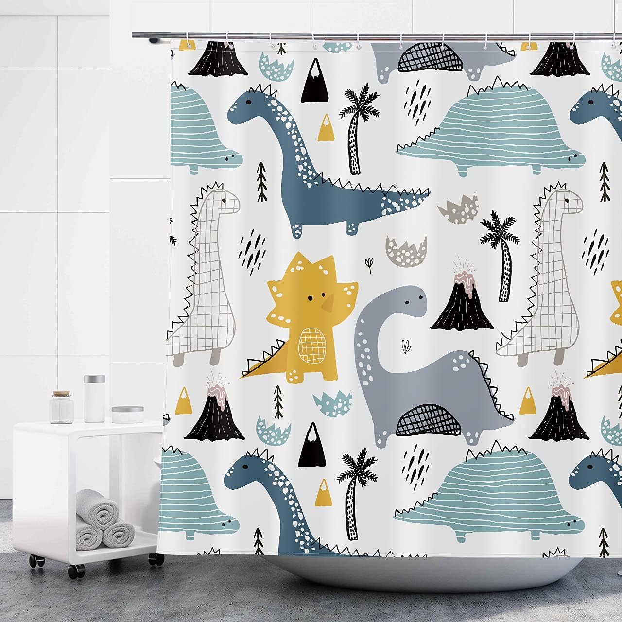 Cute Dinosaur Printed Kids Shower Curtain, Tree And Tropical Animal Cartoon Design - Waterproof And Fun - Image 3
