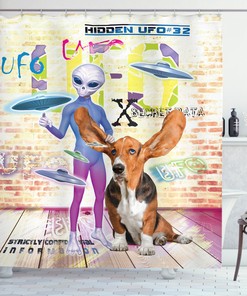 Cute Dog Alien Print Shower Curtain for Outer Space Bathroom Decor