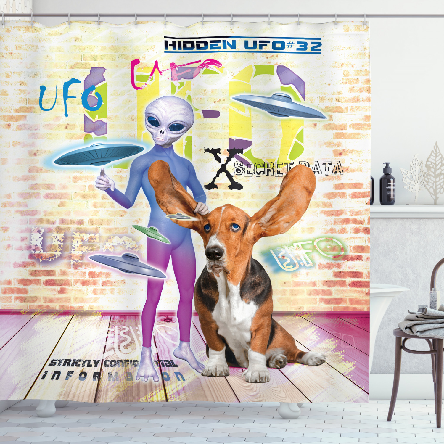 Cute Dog Alien Print Shower Curtain for Outer Space Bathroom Decor