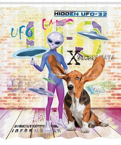 Cute Dog Alien Print Shower Curtain for Outer Space Bathroom Decor