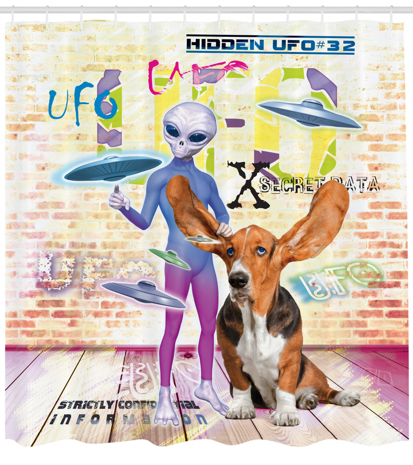 Cute Dog Alien Print Shower Curtain for Outer Space Bathroom Decor