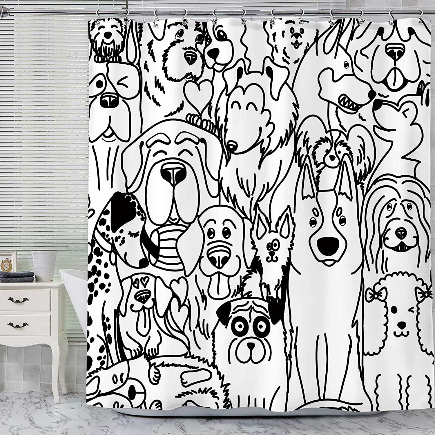 Cute Dog Cartoon Shower Curtain - Waterproof and Durable Fabric with Inviting and Kawaii Design