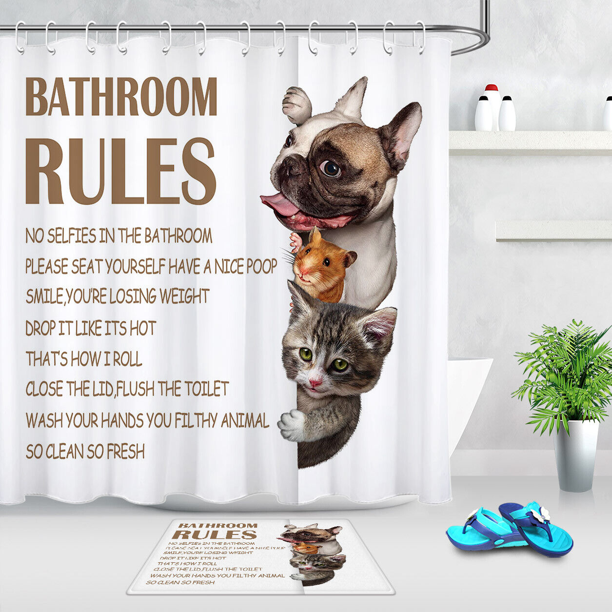 Cute Dog Cat And Guinea Pig Funny Quotes Shower Curtain, Animal Bathroom Decor