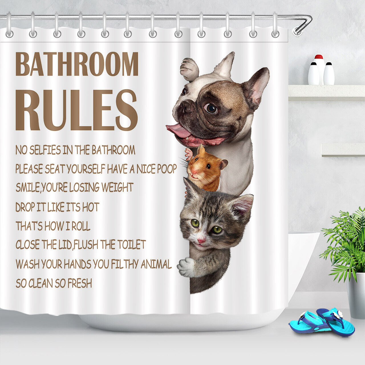 Cute Dog Cat And Guinea Pig Funny Quotes Shower Curtain, Animal Bathroom Decor - Image 2