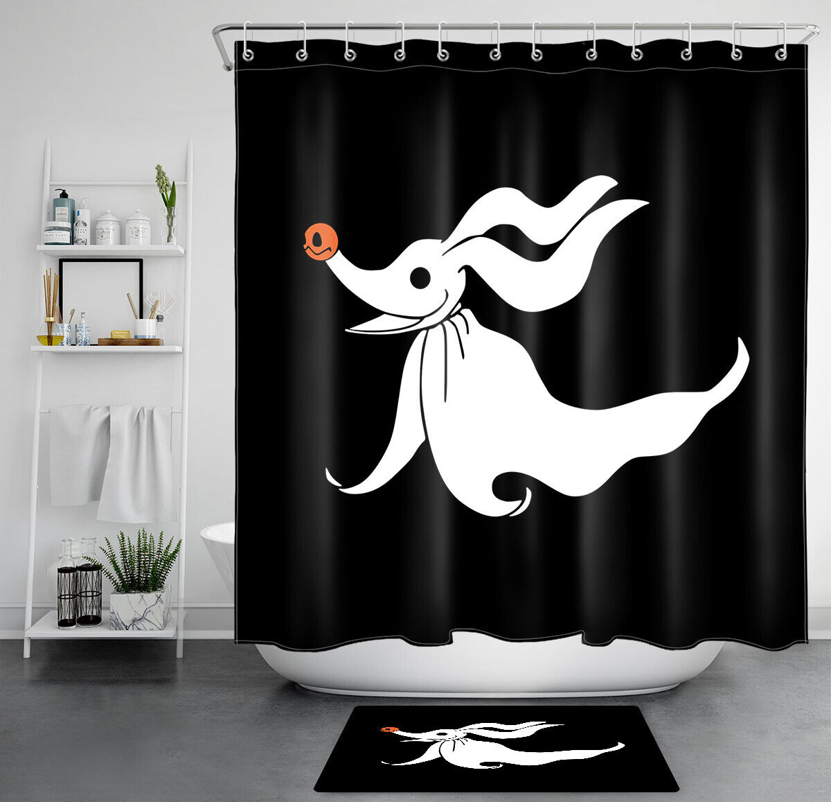 Cute Dog Ghost Haunts Halloween Night Black White Shower Curtain