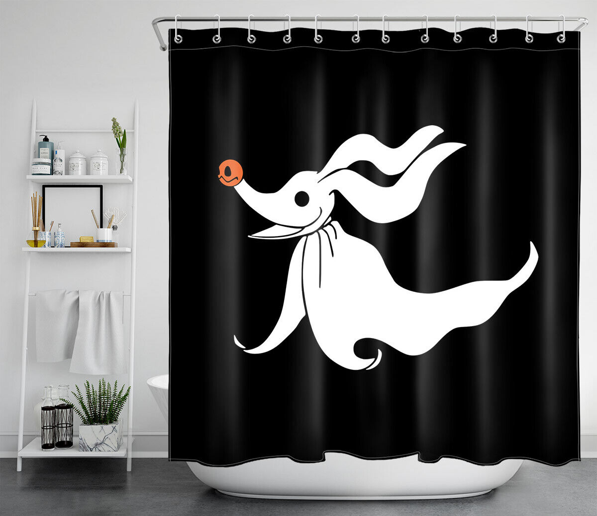 Cute Dog Ghost Haunts Halloween Night Black White Shower Curtain