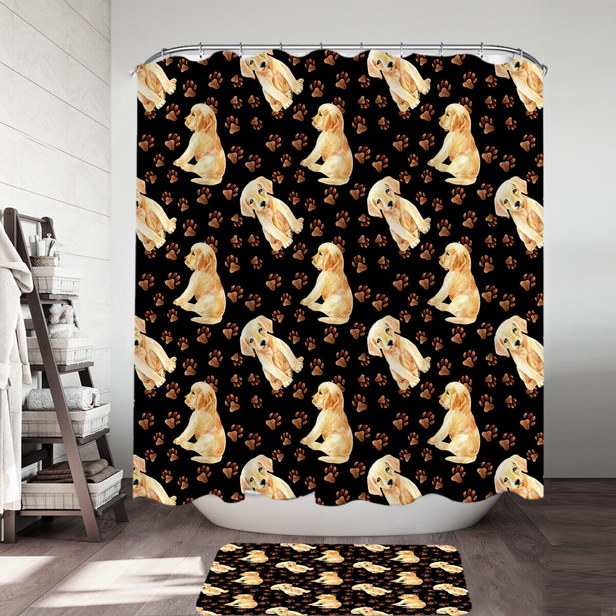 Cute Dog Paw And Labrador Puppy Bathroom Curtain