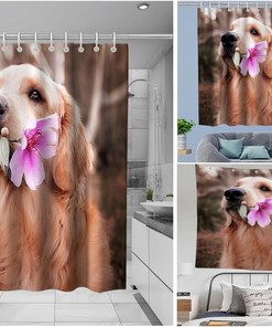 Cute Dog Pink Floral Love Kids Bathroom Shower Curtain Waterproof Washable Pink Brown