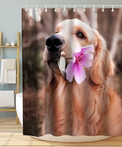 Cute Dog Pink Floral Love Kids Bathroom Shower Curtain Waterproof Washable Pink Brown