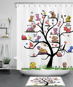 Cute Dogs And Pets On Tree Cartoon Printed Shower Curtain For Colorful Bathroom Decor