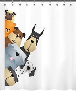 Cute Dogs Peekaboo Cartoon Shower Curtain - Tawny with Dalmatian, Bulldog, Pug, Poodle, and Beagle 