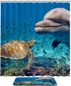 Cute Dolphin Sea Turtle Underwater Shower Curtain - Unique Bathroom Decor