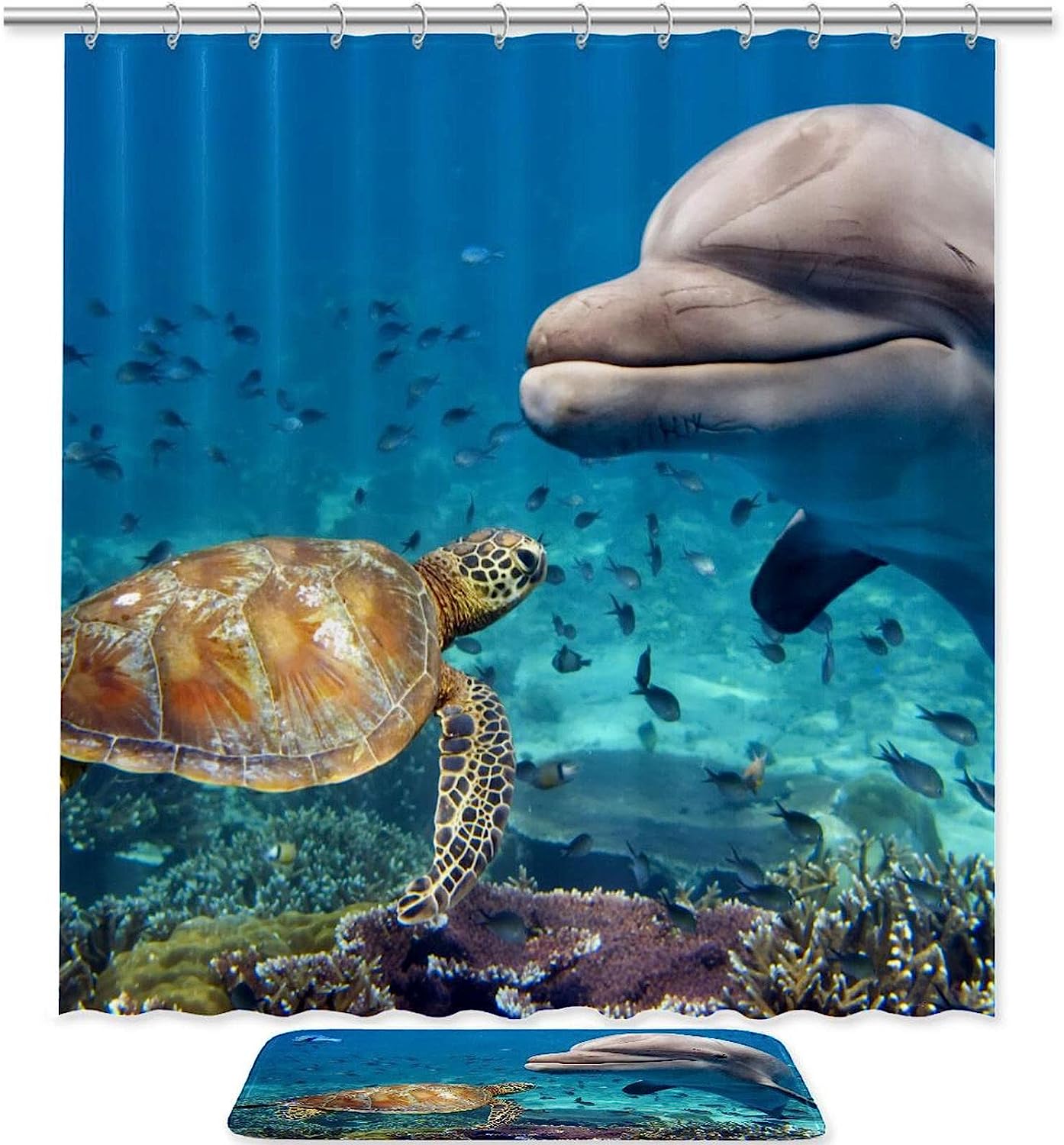 Cute Dolphin Sea Turtle Underwater Shower Curtain - Unique Bathroom Decor