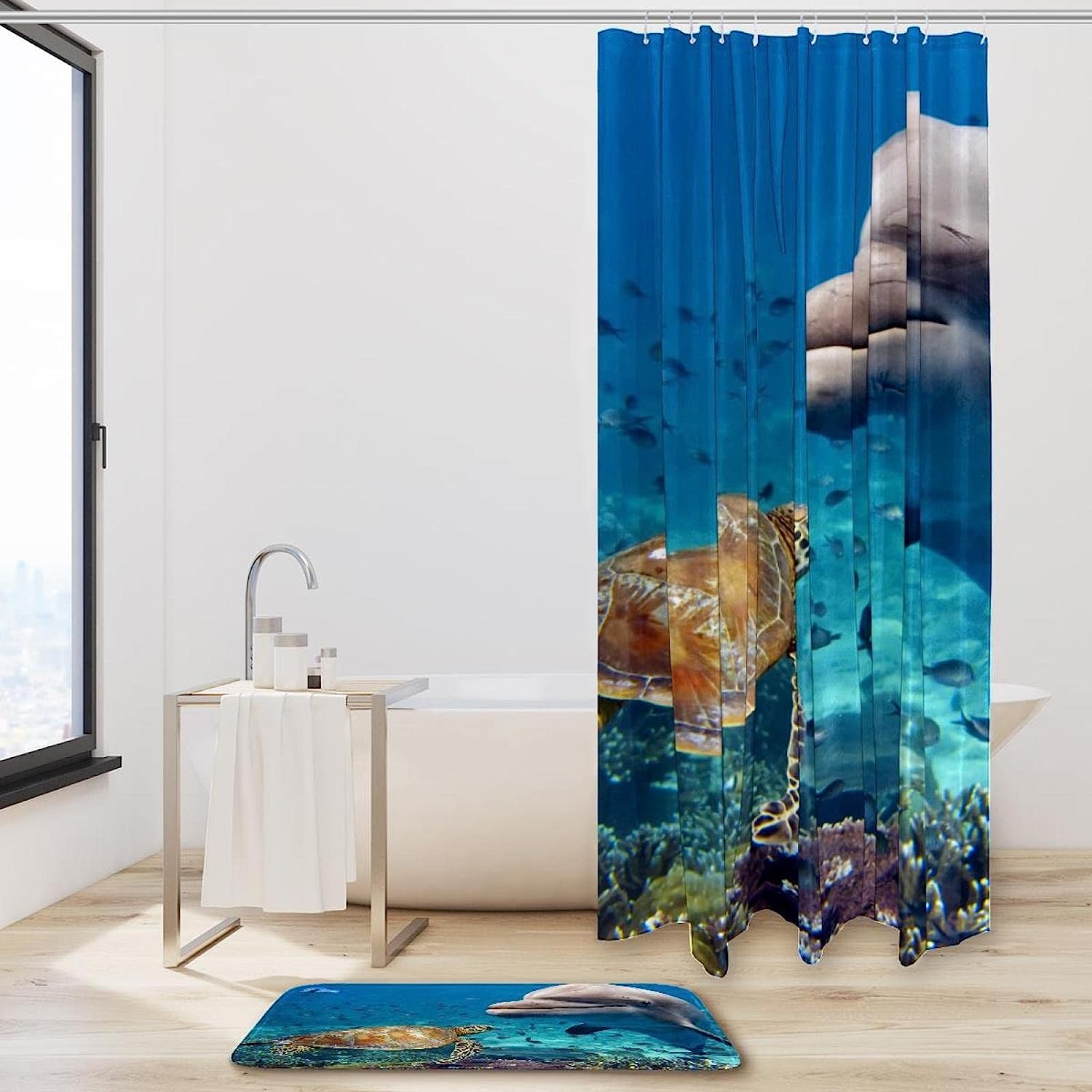 Cute Dolphin Sea Turtle Underwater Shower Curtain - Unique Bathroom Decor - Image 2