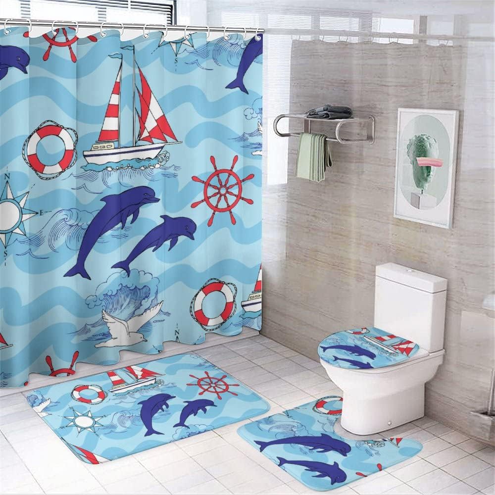 Cute Dolphin and Friends Shower Curtain for Bathroom - Animal Shower Curtain Decor Ideas for Kids
