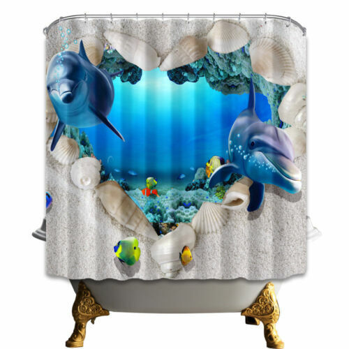 Cute Dolphins Seashell Beach Decor - Lovely Fabric Shower Curtains - Image 2