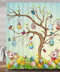 Cute Easter Bunny Rabbit Spring Shower Curtain, Restroom Decor Accessory
