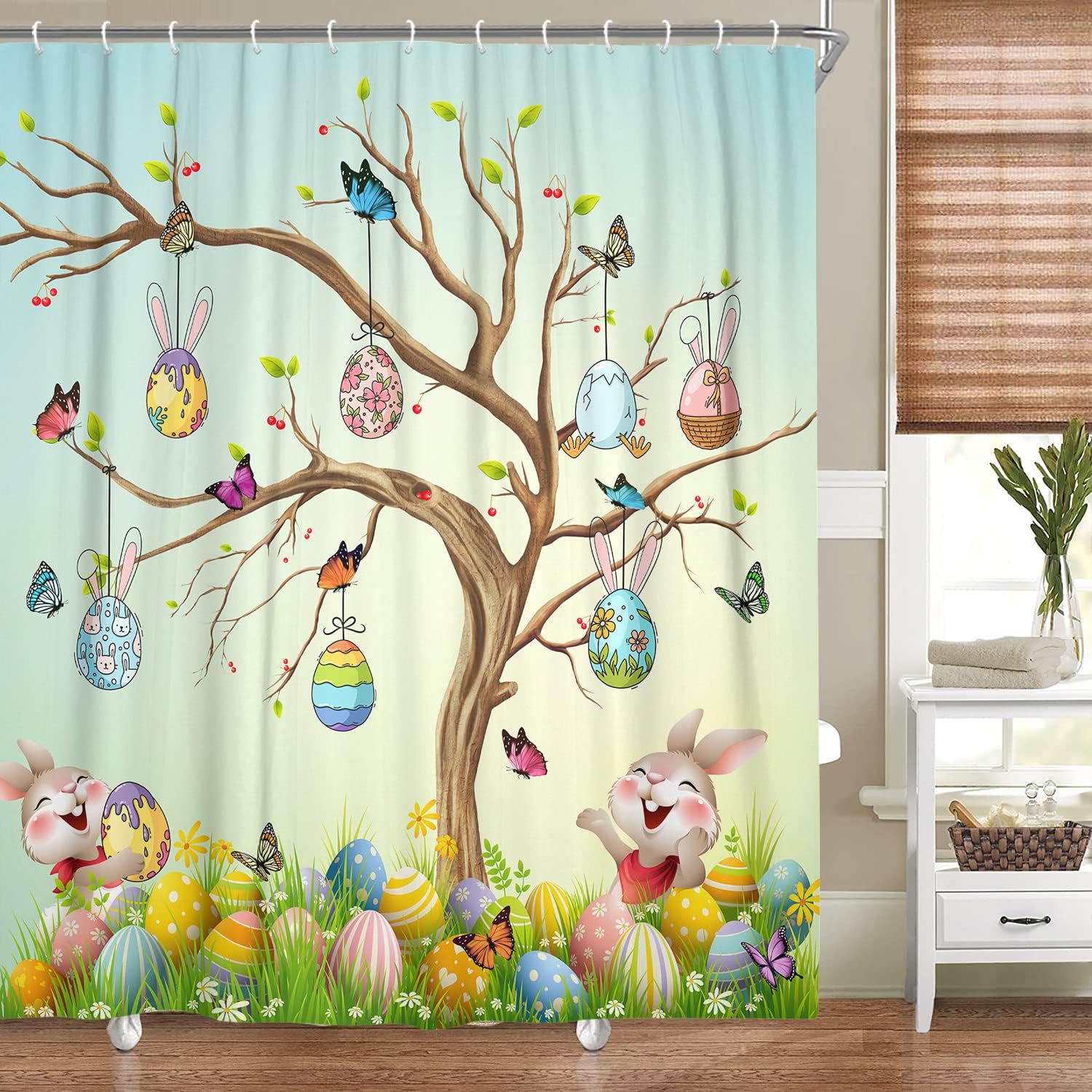 Cute Easter Bunny Rabbit Spring Shower Curtain, Restroom Decor Accessory
