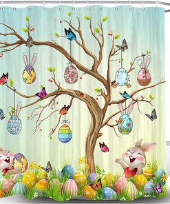 Cute Easter Bunny Rabbit Spring Shower Curtain, Restroom Decor Accessory