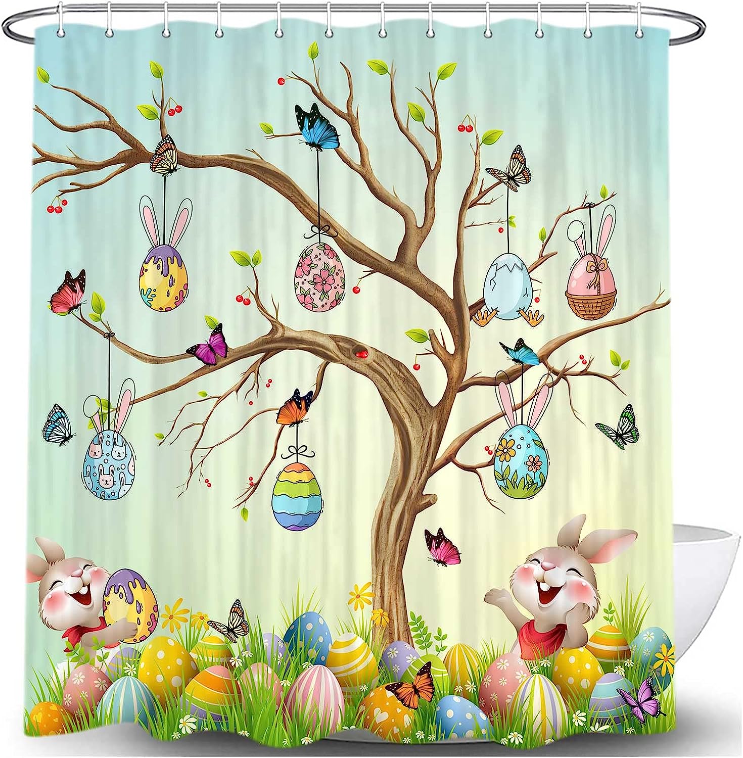Cute Easter Bunny Rabbit Spring Shower Curtain, Restroom Decor Accessory