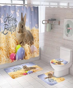 Cute Easter Bunny Shower Curtain With Pastel Stripes For Spring Bathroom Decor