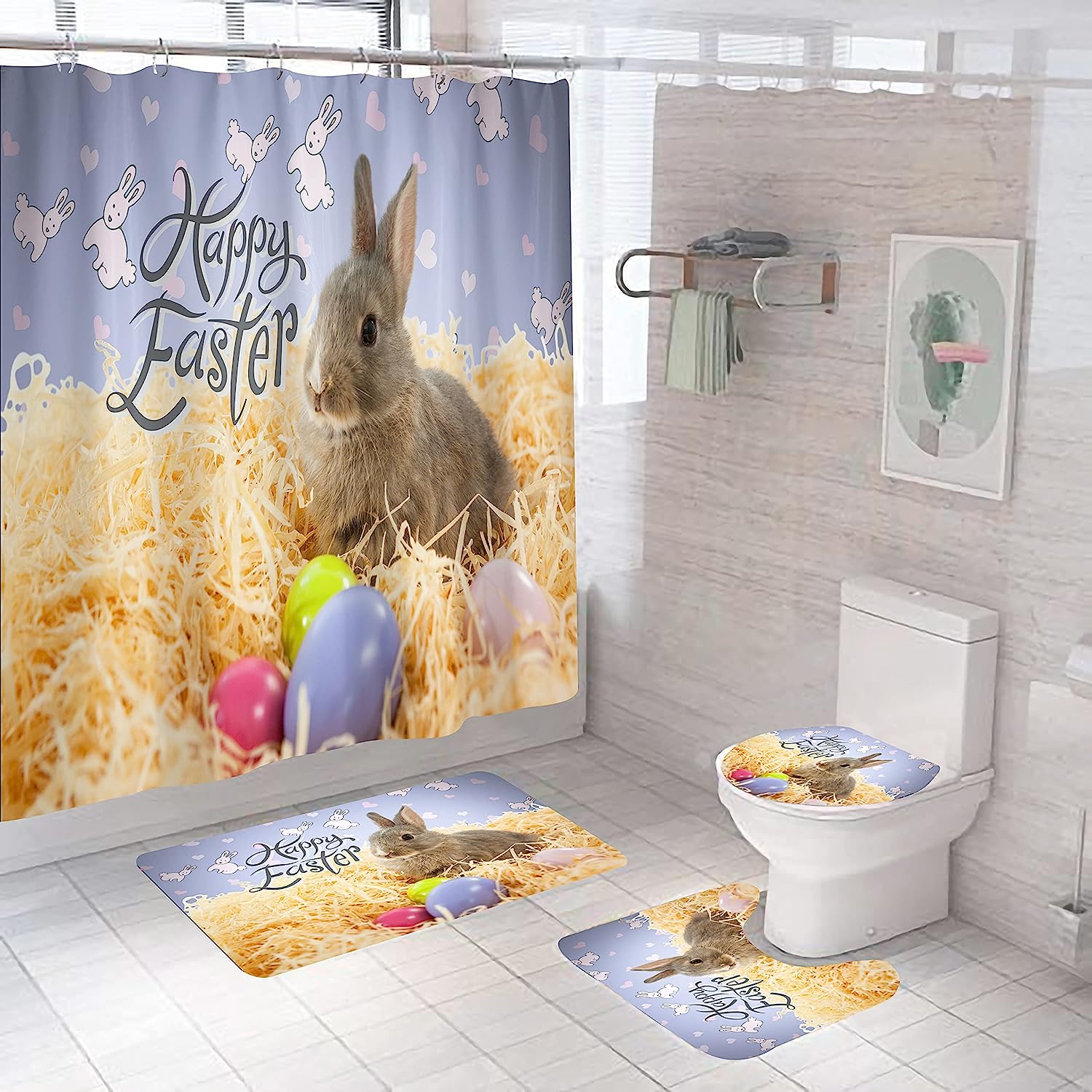 Cute Easter Bunny Shower Curtain With Pastel Stripes For Spring Bathroom Decor
