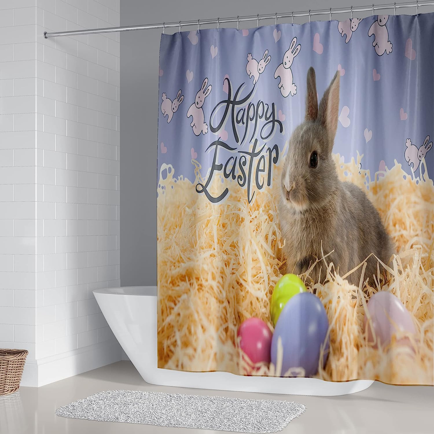 Cute Easter Bunny Shower Curtain With Pastel Stripes For Spring Bathroom Decor - Image 2