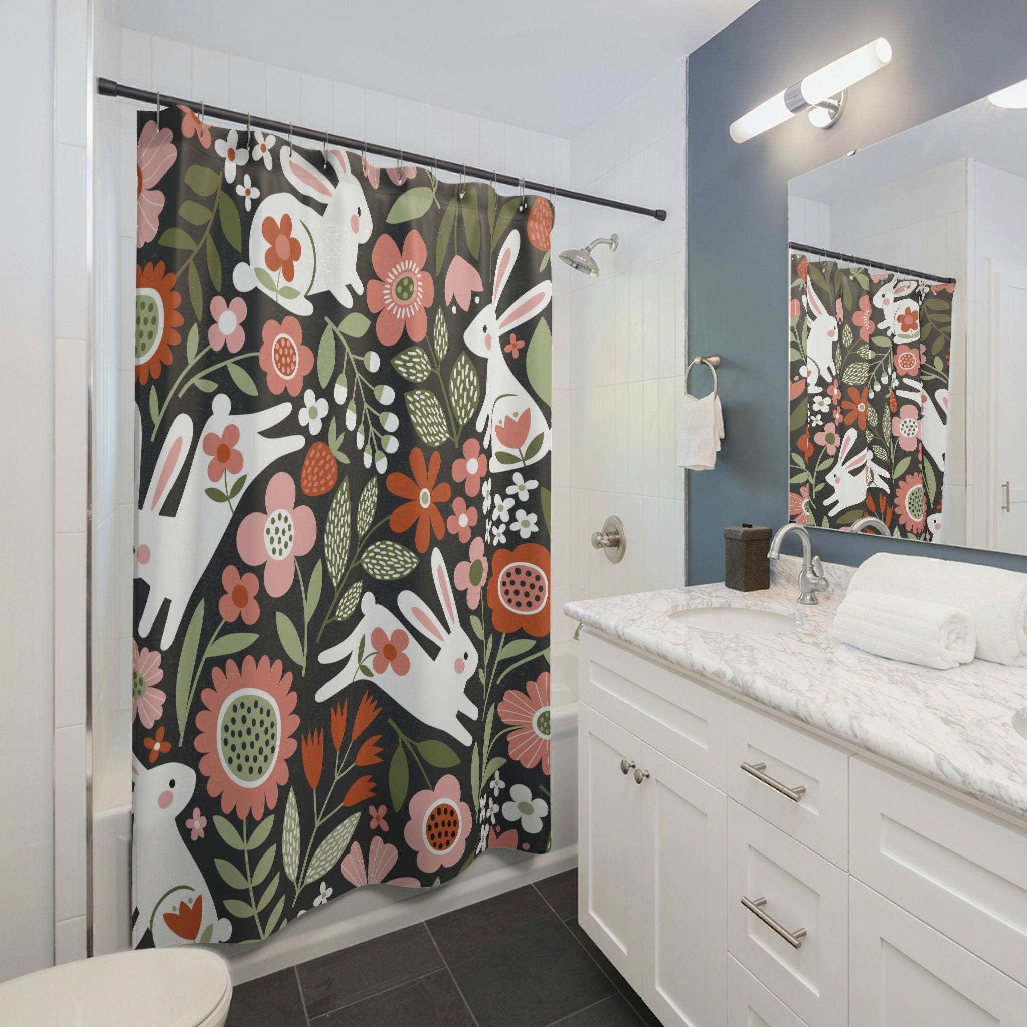 Cute Easter Bunny Shower Curtain in Warm Colors for a Festive Bathroom Decor