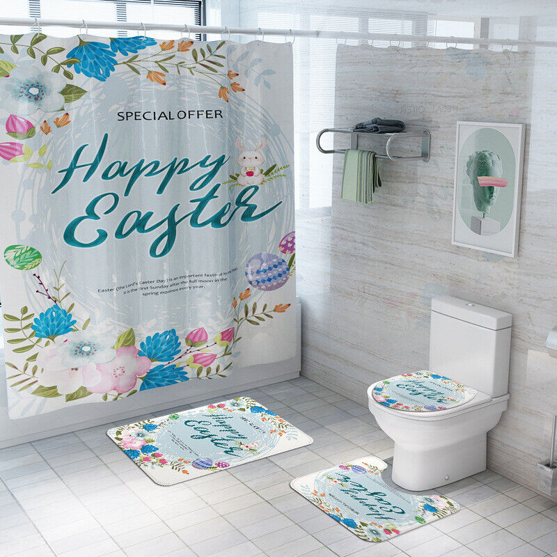 Cute Easter Eggs Rabbit Flower Shower Curtain Set