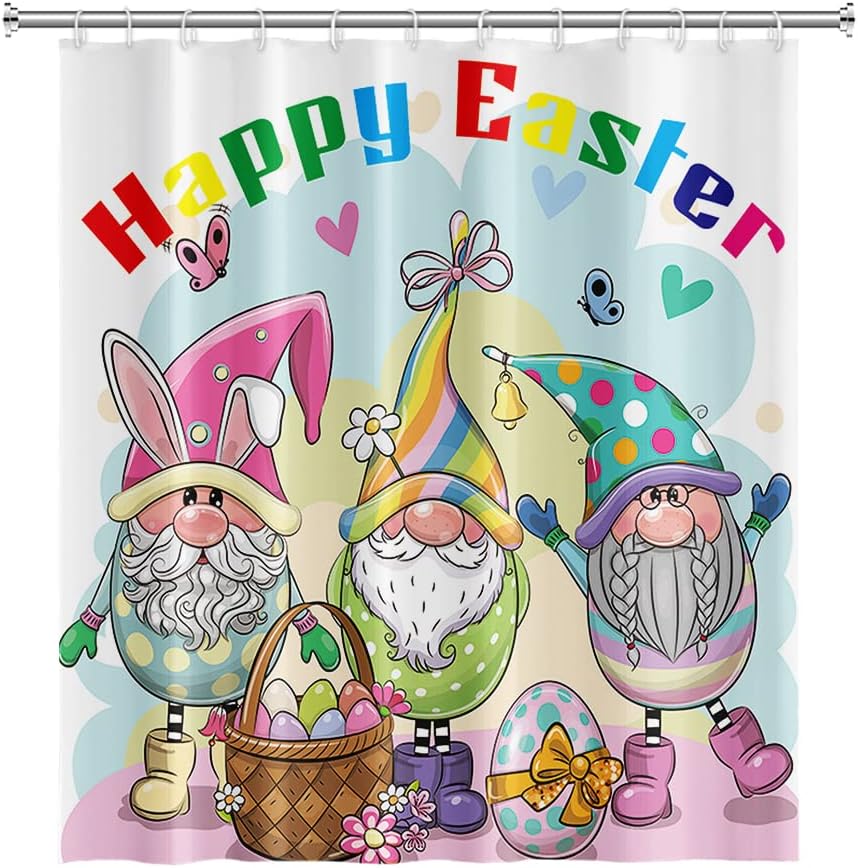 Cute Easter Genome Shower Curtain with Funny Rabbit and Colorful Egg Design for Kids Bathroom