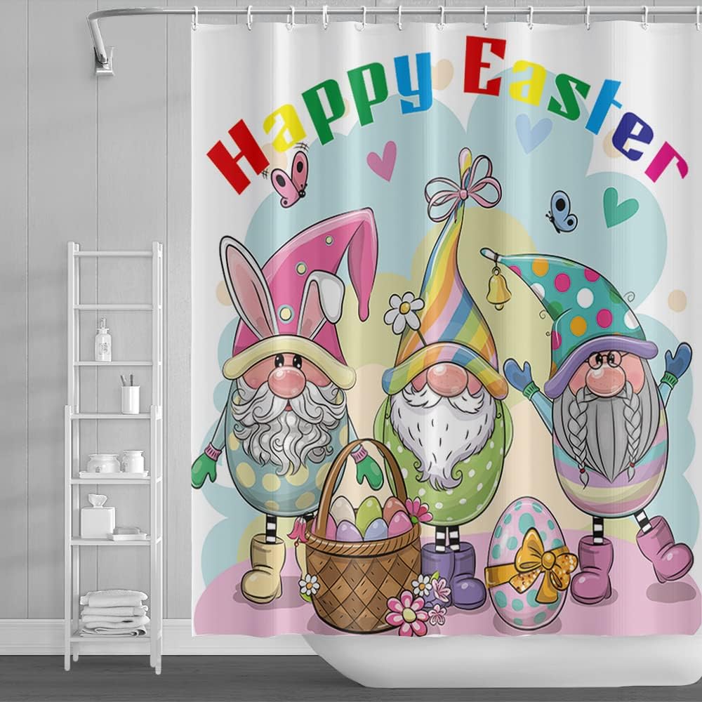 Cute Easter Genome Shower Curtain with Funny Rabbit and Colorful Egg Design for Kids Bathroom
