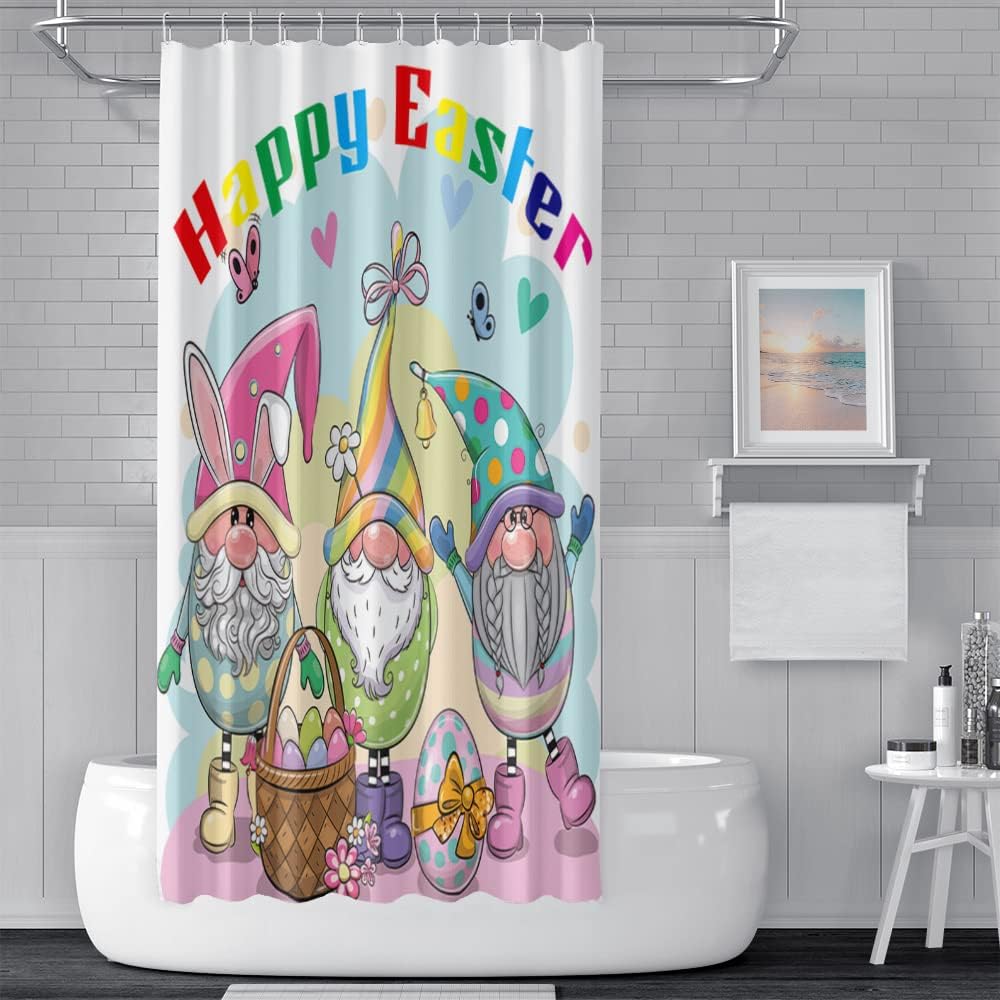 Cute Easter Genome Shower Curtain with Funny Rabbit and Colorful Egg Design for Kids Bathroom