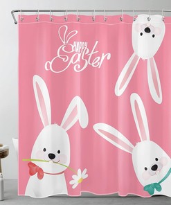 Cute Easter Rabbit Shower Curtain for Spring Pink Bathtub Home Decor in Happy Easter