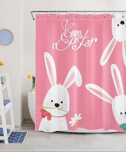Cute Easter Rabbit Shower Curtain for Spring Pink Bathtub Home Decor in Happy Easter