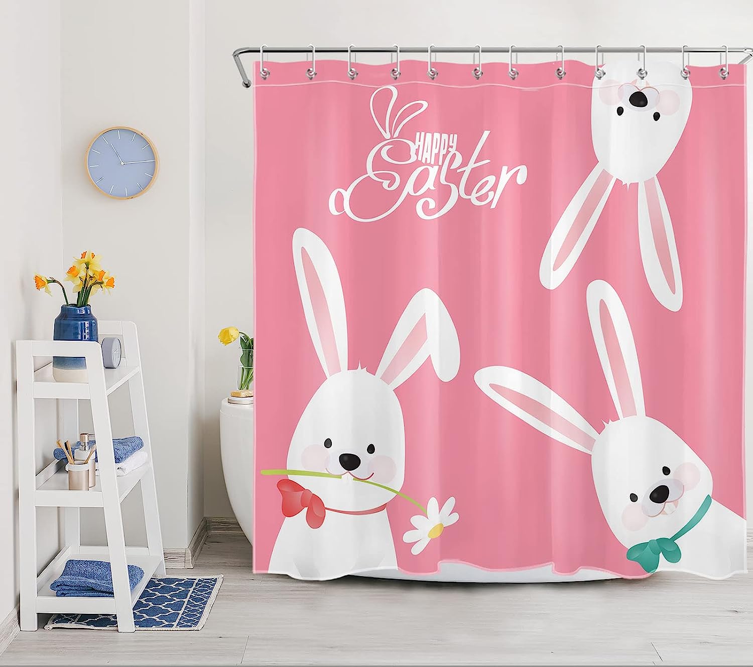 Cute Easter Rabbit Shower Curtain for Spring Pink Bathtub Home Decor in Happy Easter