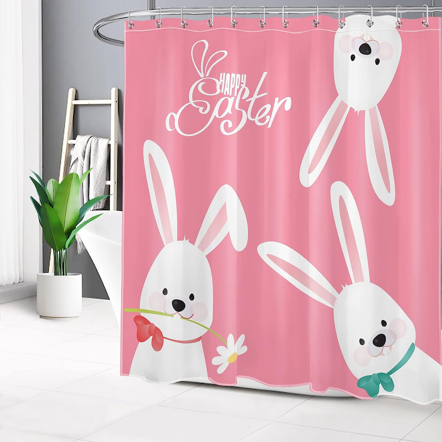 Cute Easter Rabbit Shower Curtain for Spring Pink Bathtub Home Decor in Happy Easter