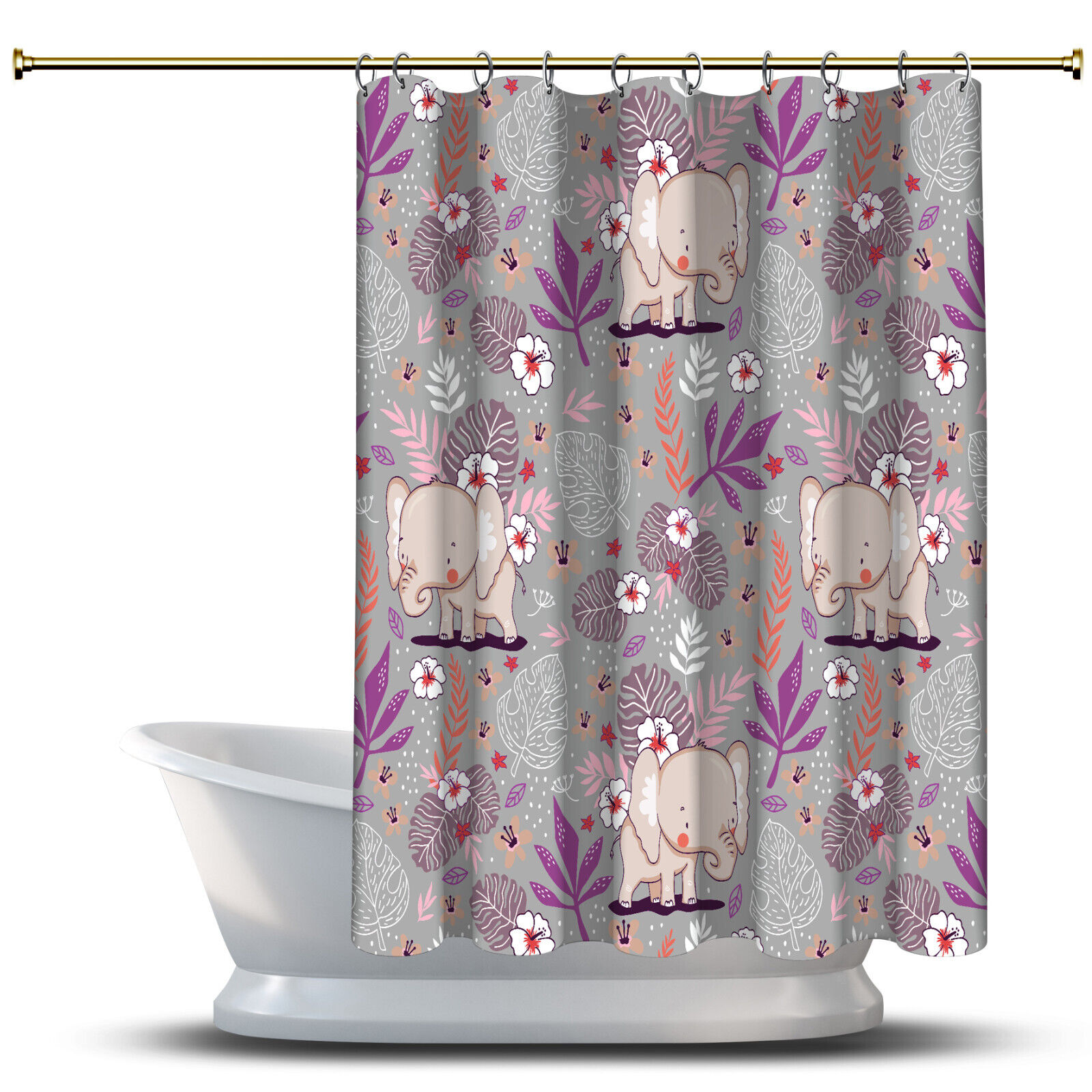 Cute Elephant And Flowers Purple Bathroom Shower Curtain With Waterproof Fabric