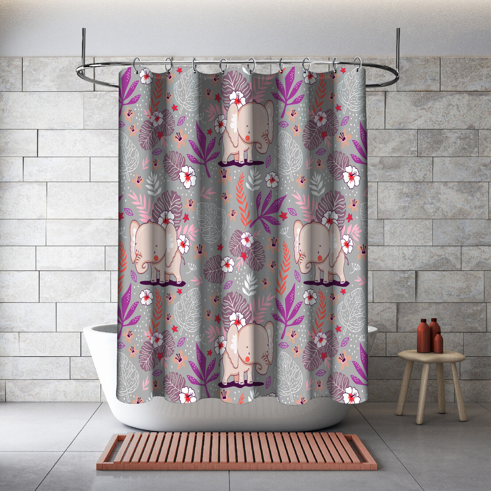 Cute Elephant And Flowers Purple Bathroom Shower Curtain With Waterproof Fabric - Image 2