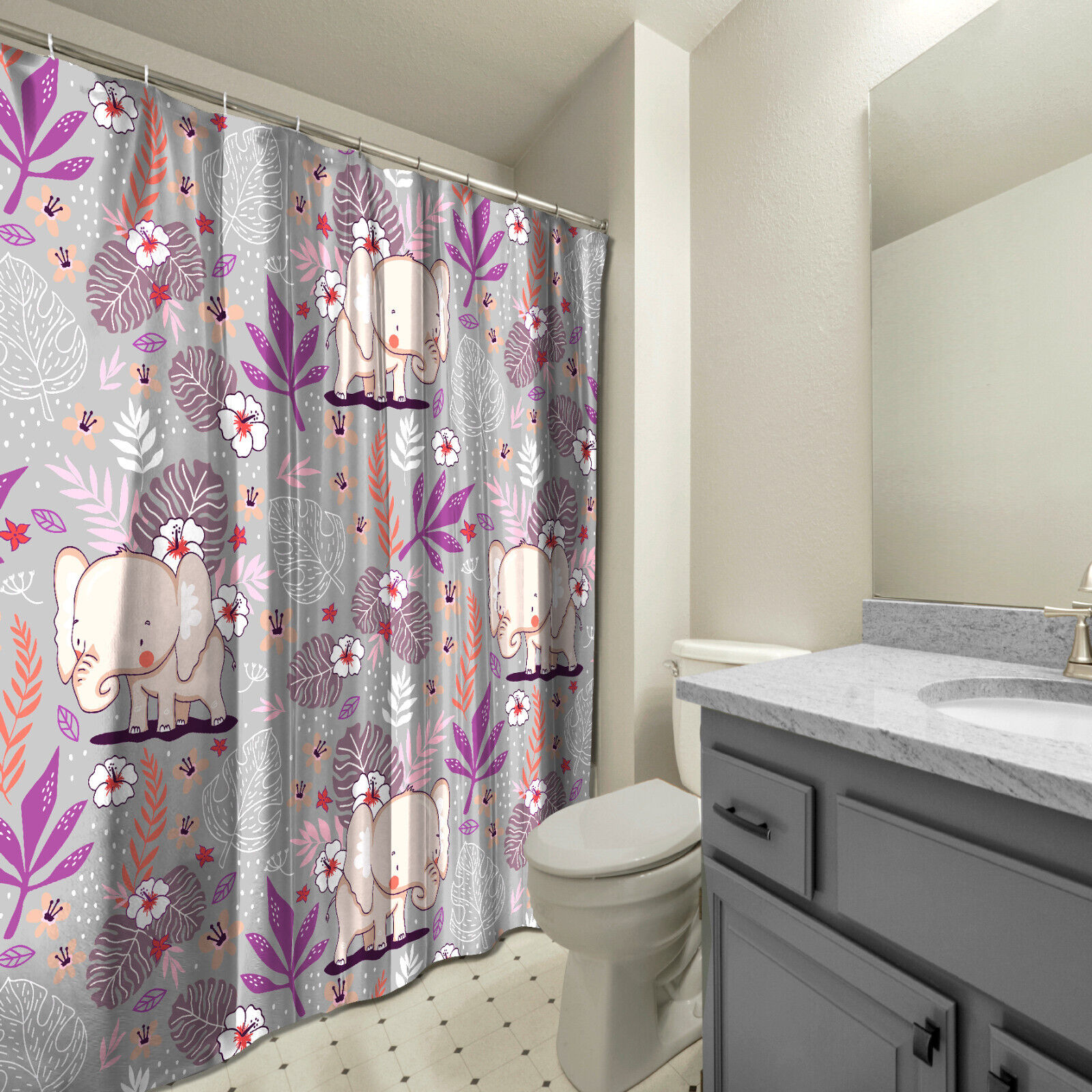 Cute Elephant And Flowers Purple Bathroom Shower Curtain With Waterproof Fabric - Image 3