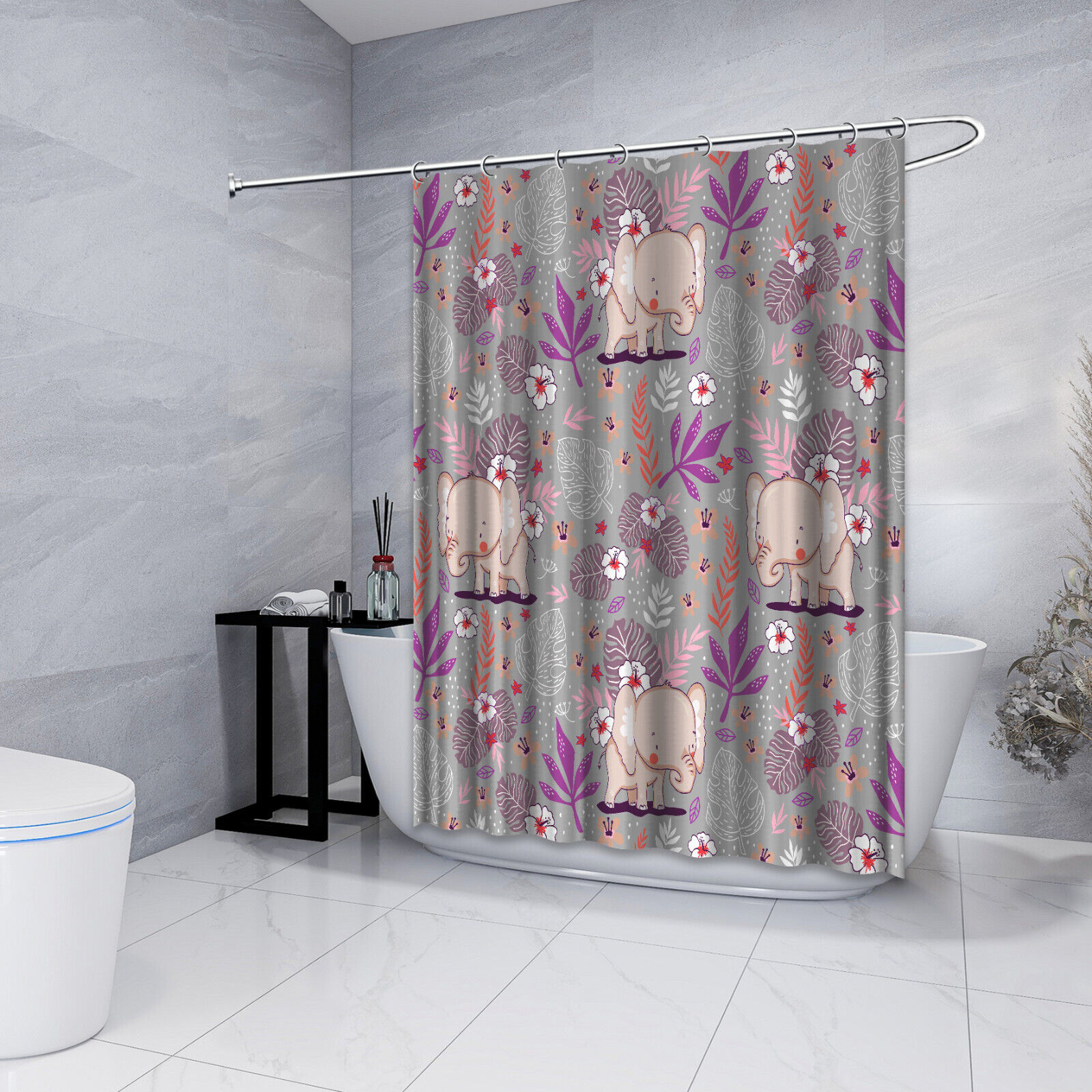 Cute Elephant And Flowers Purple Bathroom Shower Curtain With Waterproof Fabric - Image 4