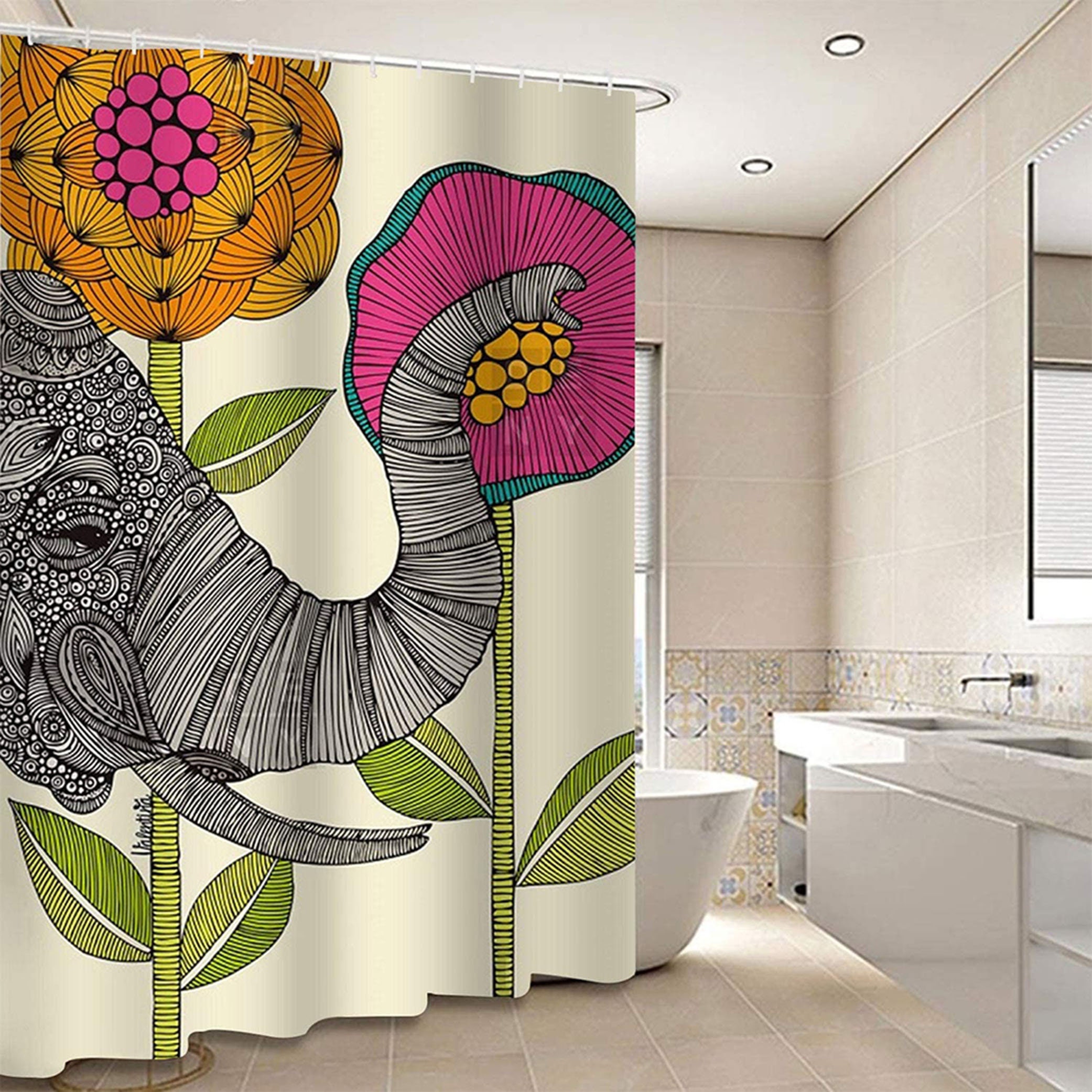 Cute Elephant And Pink Flower Shower Curtain For Kids Bathroom Decor