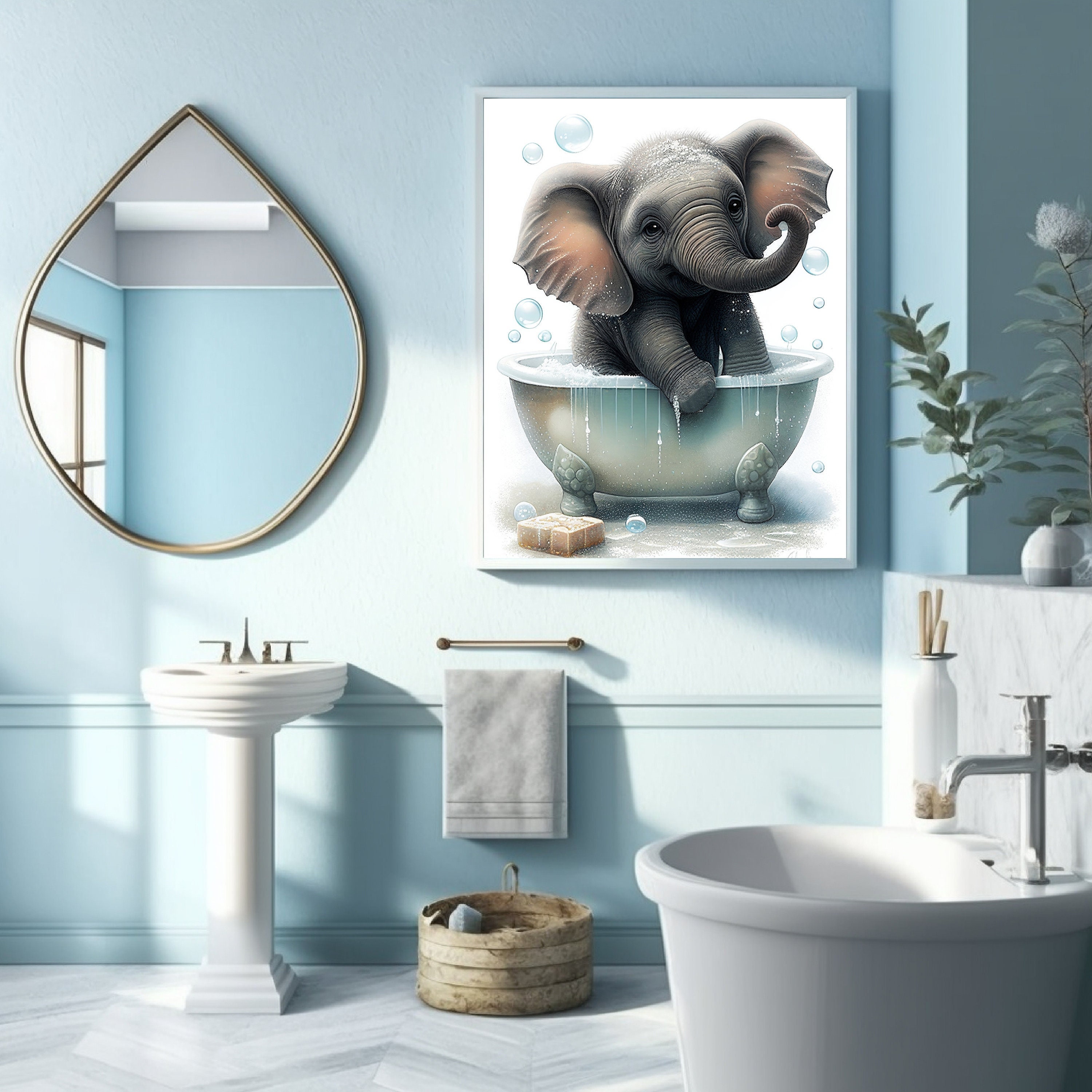 Cute Elephant Bath Print Printable Wall Art for Bathroom Decor