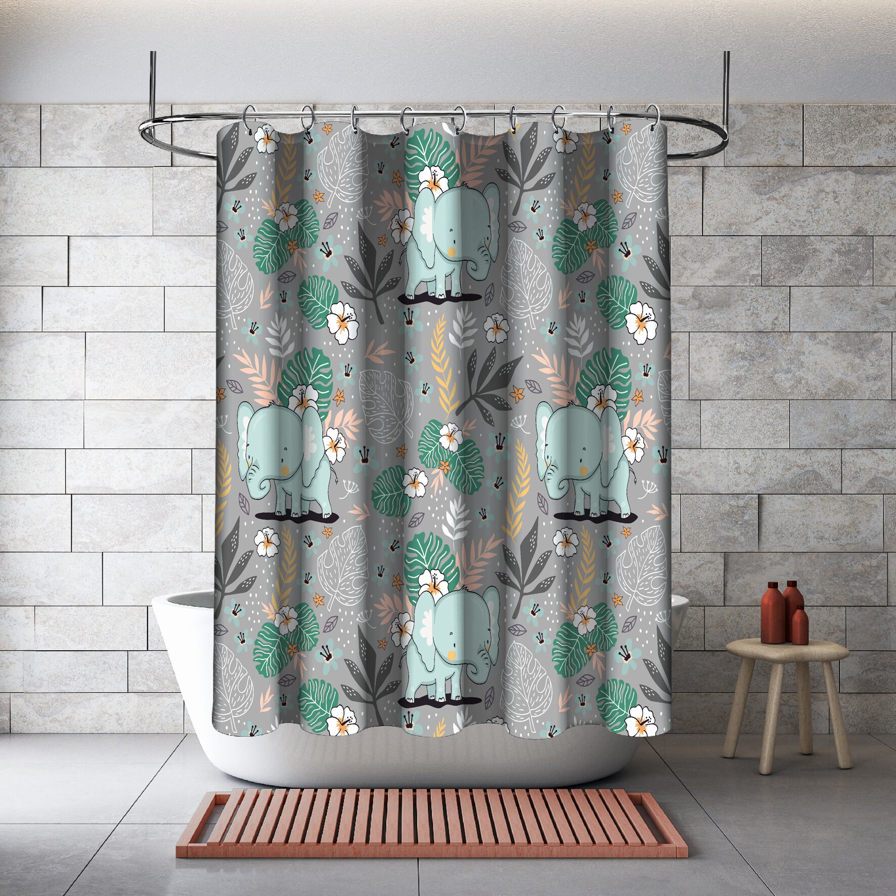 Cute Elephant Flowers Shower Curtain - Cartoon Bathroom Decor