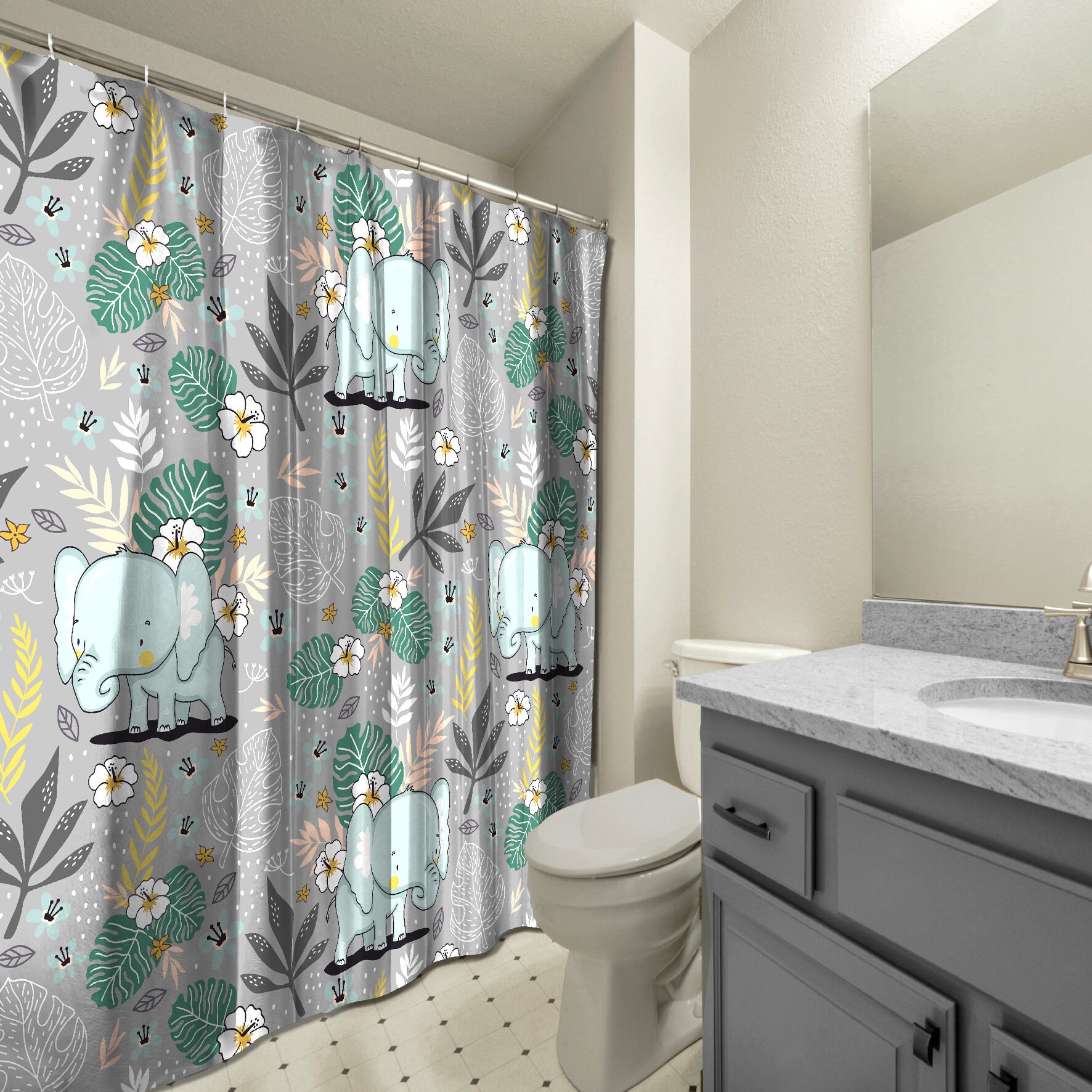 Cute Elephant Flowers Shower Curtain - Cartoon Bathroom Decor