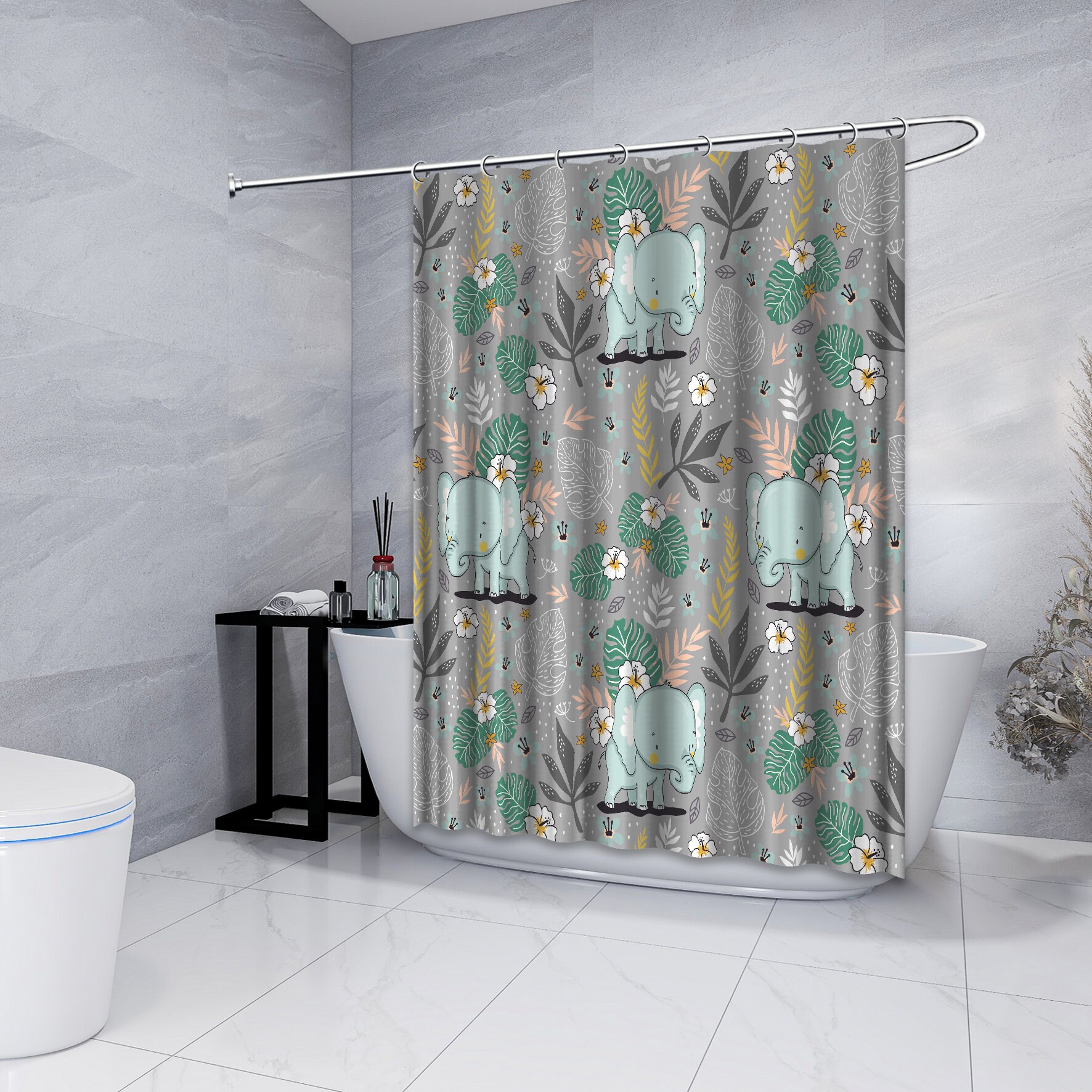 Cute Elephant Flowers Shower Curtain - Cartoon Bathroom Decor